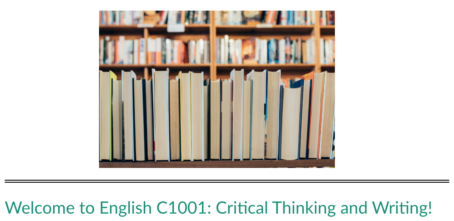 ENGL C1001 course welcome page titled Critical Thinking and Writing, with a photograph of books