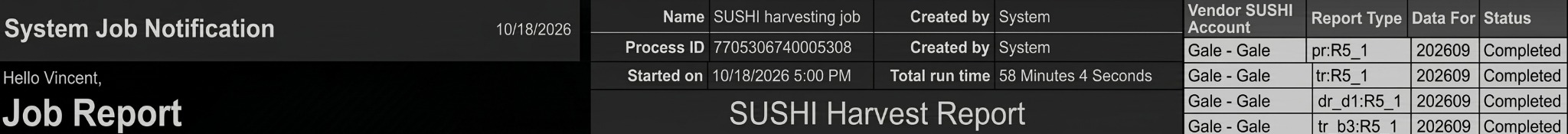 Actual Alma SUSHI harvesting job report dated October 18, 2026, showing completed Gale usage reports