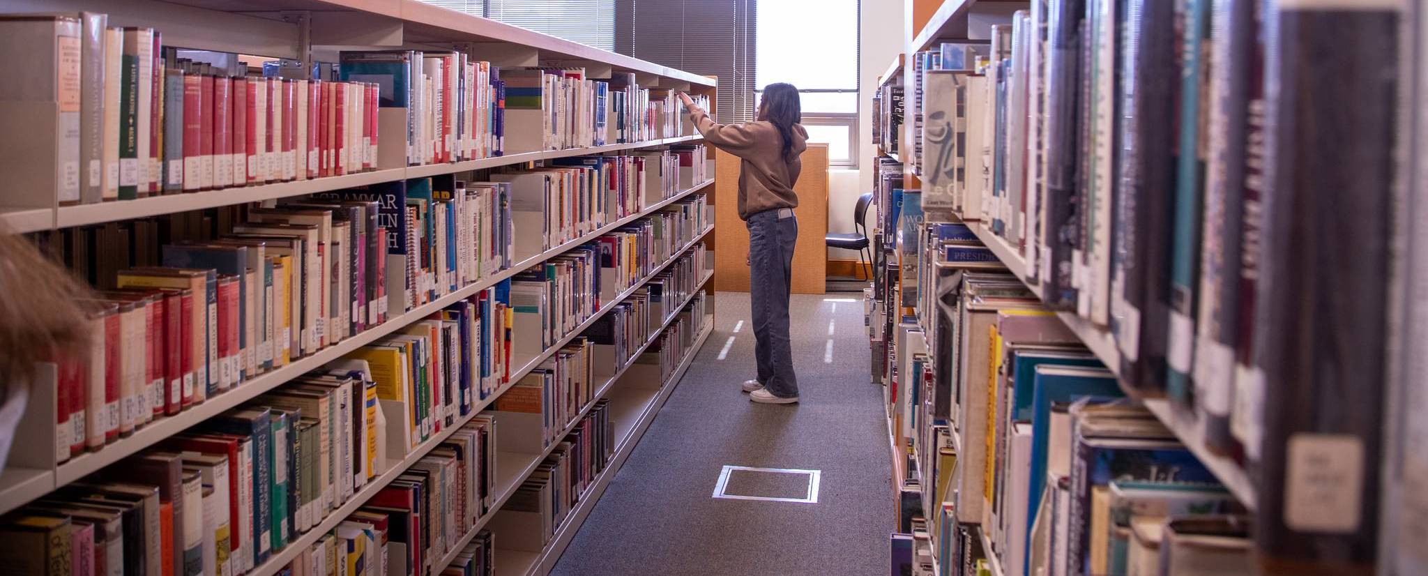 A reader browsing the bookshelves at Skyline College Library