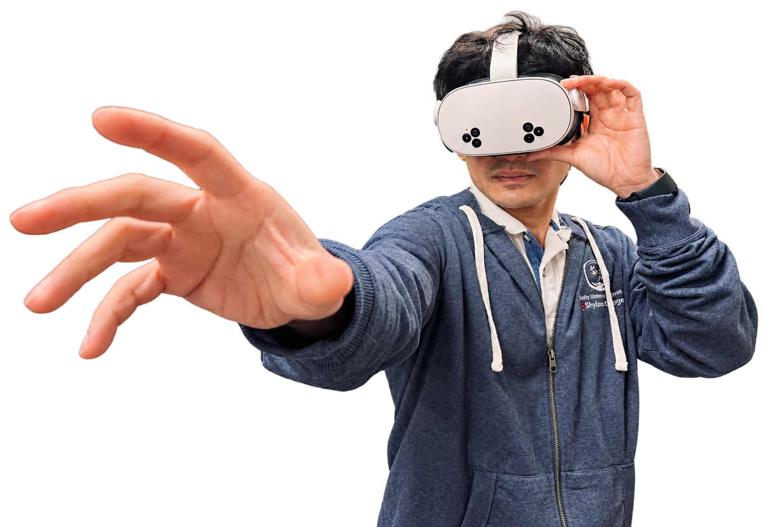 Wearing a VR headset and reaching forward to interact